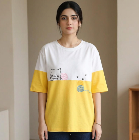 Cartoon Kitty Print Short Sleeve For Women Jersey Fabric